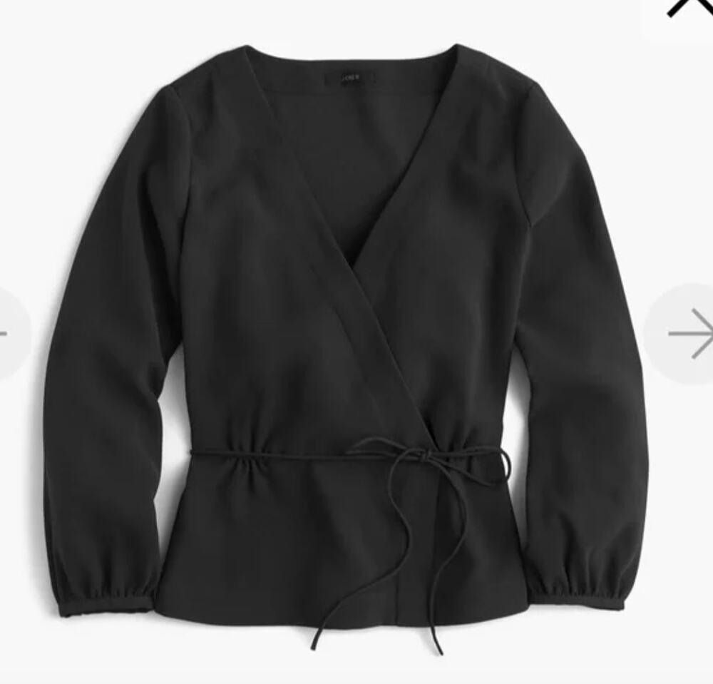 J. Crew Black Long Sleeve Polyester Drapey Crepe Faux Wrap Tie Waist Top Size 4